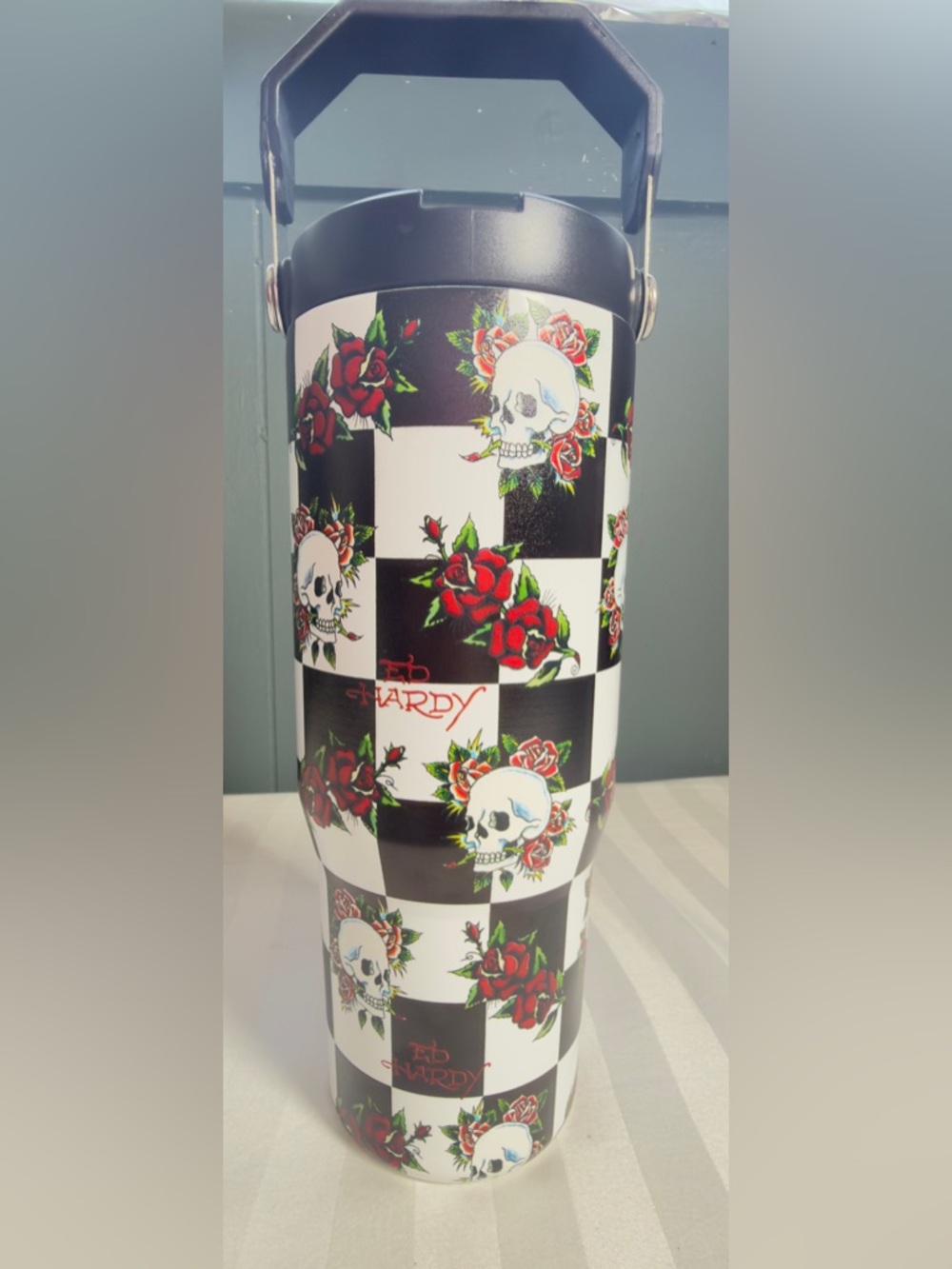 Ed Hardy Black, White & Red Checkerboard Skull Tumbler